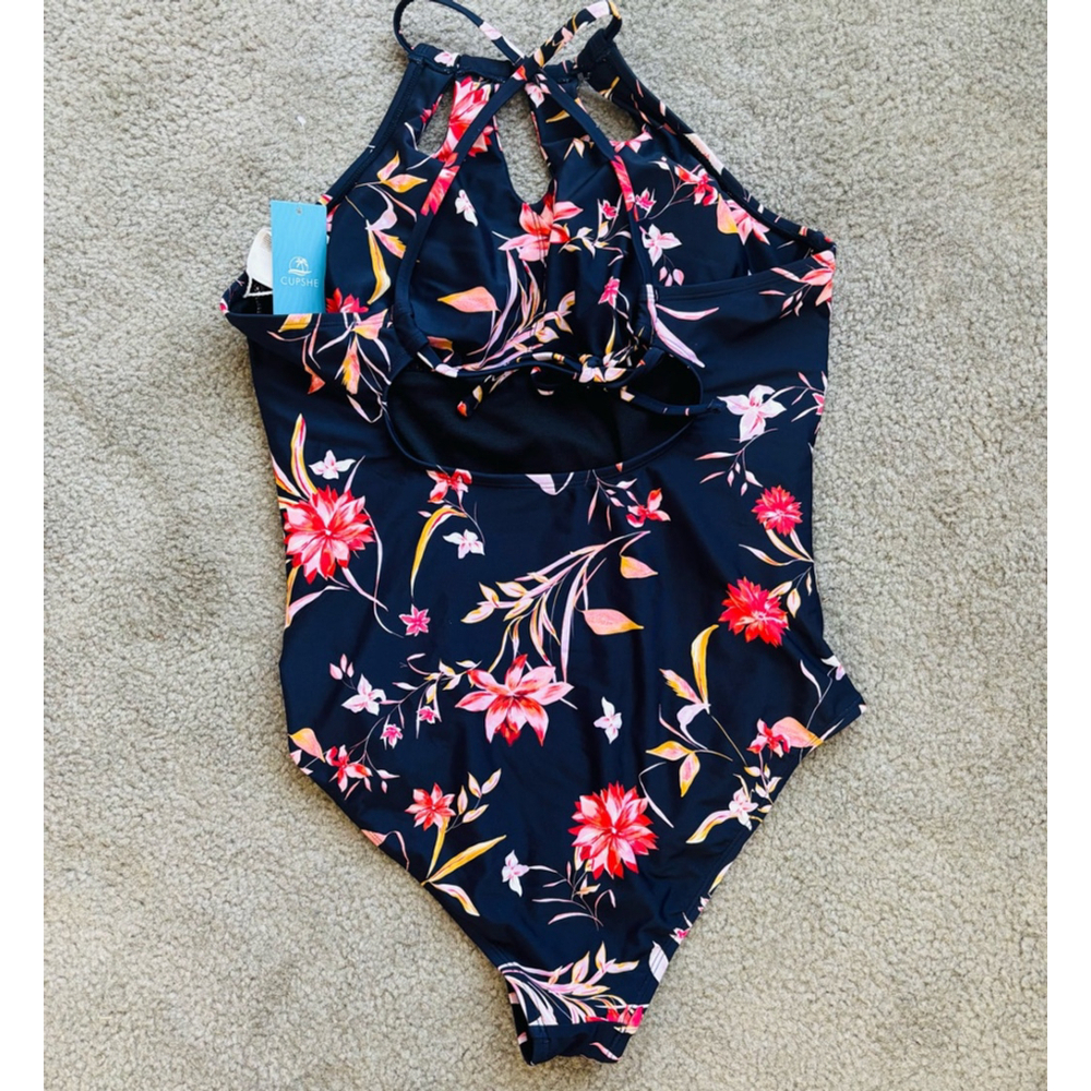 NWT Cupshe Rich Flower Cutout Tie Back One Piece Swimsuit in Navy Red Floral - Picture 8 of 12